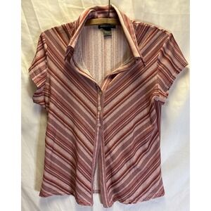 Y2K Size Large Short Sleeve Top Pin Red Stripe Open Bottom 3 Button Collared